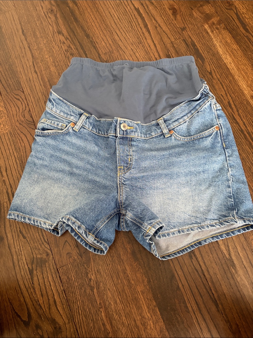 H&M MAMA Blue Denim Maternity Shorts with Gray Stretch Panel Medium